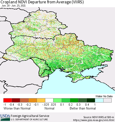 Ukraine, Moldova and Belarus Cropland NDVI Departure from Average (VIIRS) Thematic Map For 6/21/2021 - 6/30/2021