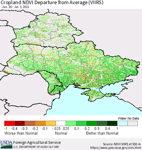 Ukraine, Moldova and Belarus Cropland NDVI Departure from Average (VIIRS) Thematic Map For 7/1/2021 - 7/10/2021