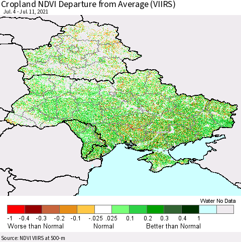 Ukraine, Moldova and Belarus Cropland NDVI Departure from Average (VIIRS) Thematic Map For 7/4/2021 - 7/11/2021