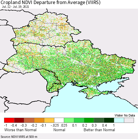 Ukraine, Moldova and Belarus Cropland NDVI Departure from Average (VIIRS) Thematic Map For 7/12/2021 - 7/19/2021