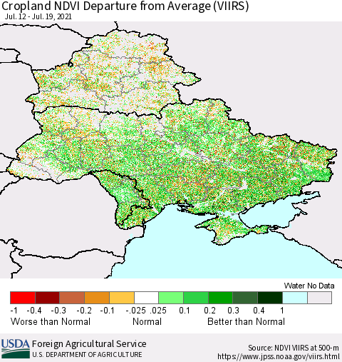 Ukraine, Moldova and Belarus Cropland NDVI Departure from Average (VIIRS) Thematic Map For 7/11/2021 - 7/20/2021