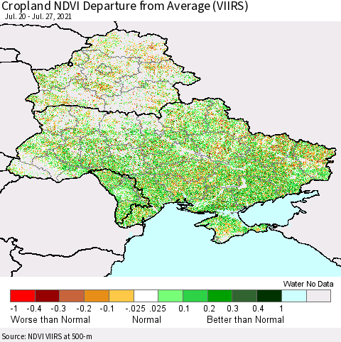 Ukraine, Moldova and Belarus Cropland NDVI Departure from Average (VIIRS) Thematic Map For 7/20/2021 - 7/27/2021