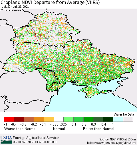 Ukraine, Moldova and Belarus Cropland NDVI Departure from Average (VIIRS) Thematic Map For 7/21/2021 - 7/31/2021