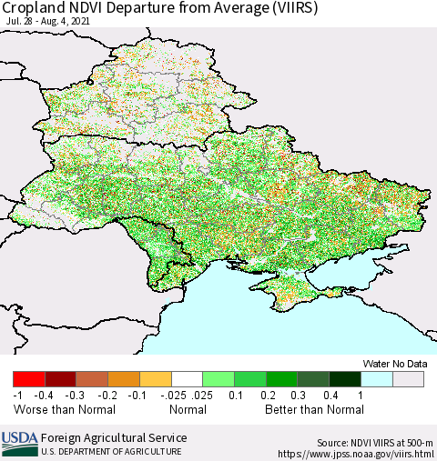 Ukraine, Moldova and Belarus Cropland NDVI Departure from Average (VIIRS) Thematic Map For 8/1/2021 - 8/10/2021
