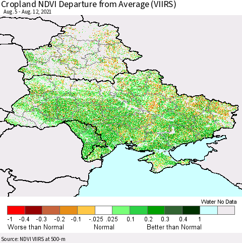 Ukraine, Moldova and Belarus Cropland NDVI Departure from Average (VIIRS) Thematic Map For 8/5/2021 - 8/12/2021