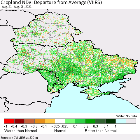 Ukraine, Moldova and Belarus Cropland NDVI Departure from Average (VIIRS) Thematic Map For 8/21/2021 - 8/28/2021