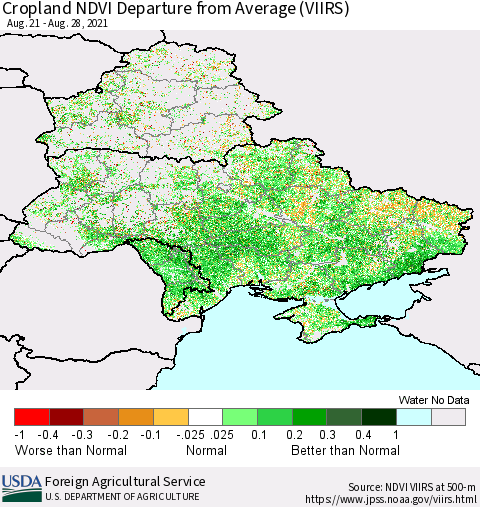 Ukraine, Moldova and Belarus Cropland NDVI Departure from Average (VIIRS) Thematic Map For 8/21/2021 - 8/31/2021