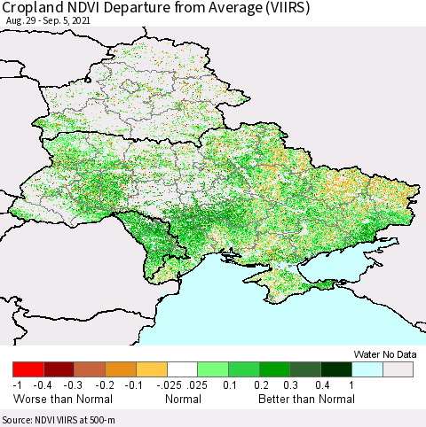 Ukraine, Moldova and Belarus Cropland NDVI Departure from Average (VIIRS) Thematic Map For 8/29/2021 - 9/5/2021