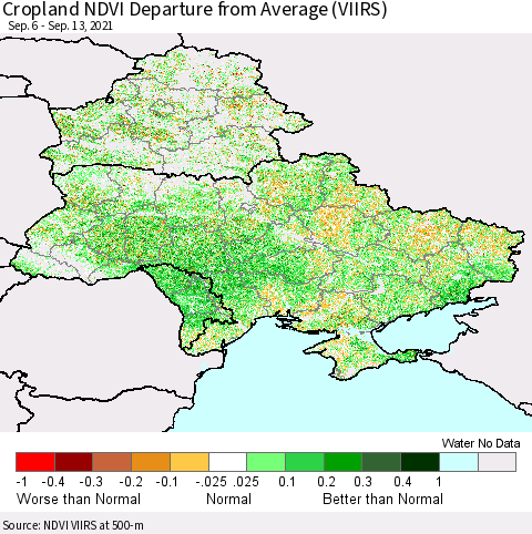Ukraine, Moldova and Belarus Cropland NDVI Departure from Average (VIIRS) Thematic Map For 9/6/2021 - 9/13/2021