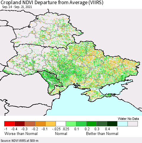 Ukraine, Moldova and Belarus Cropland NDVI Departure from Average (VIIRS) Thematic Map For 9/14/2021 - 9/21/2021
