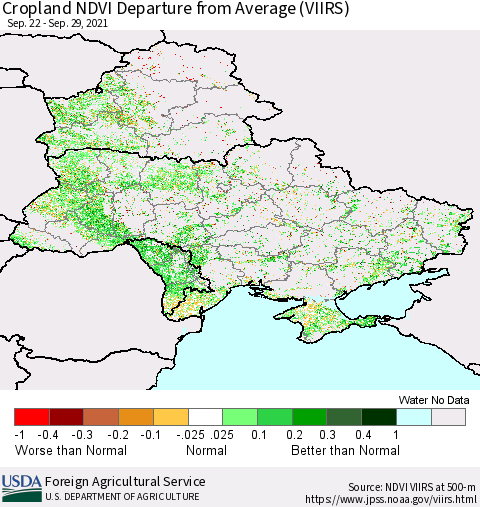Ukraine, Moldova and Belarus Cropland NDVI Departure from Average (VIIRS) Thematic Map For 9/21/2021 - 9/30/2021