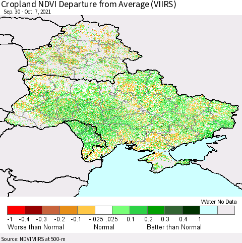 Ukraine, Moldova and Belarus Cropland NDVI Departure from Average (VIIRS) Thematic Map For 9/30/2021 - 10/7/2021