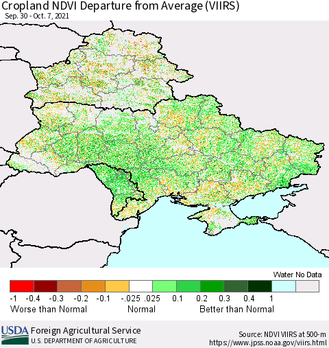 Ukraine, Moldova and Belarus Cropland NDVI Departure from Average (VIIRS) Thematic Map For 10/1/2021 - 10/10/2021