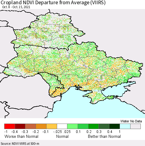 Ukraine, Moldova and Belarus Cropland NDVI Departure from Average (VIIRS) Thematic Map For 10/8/2021 - 10/15/2021