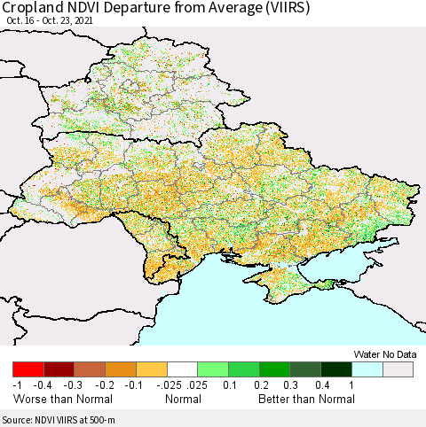 Ukraine, Moldova and Belarus Cropland NDVI Departure from Average (VIIRS) Thematic Map For 10/16/2021 - 10/23/2021