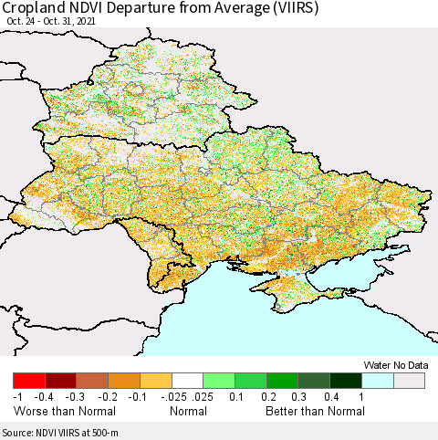 Ukraine, Moldova and Belarus Cropland NDVI Departure from Average (VIIRS) Thematic Map For 10/21/2021 - 10/31/2021