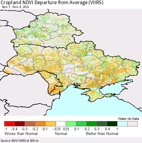 Ukraine, Moldova and Belarus Cropland NDVI Departure from Average (VIIRS) Thematic Map For 11/1/2021 - 11/8/2021