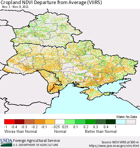 Ukraine, Moldova and Belarus Cropland NDVI Departure from Average (VIIRS) Thematic Map For 11/1/2021 - 11/10/2021