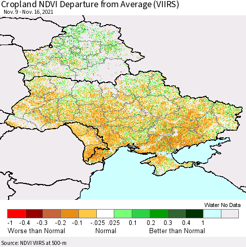 Ukraine, Moldova and Belarus Cropland NDVI Departure from Average (VIIRS) Thematic Map For 11/9/2021 - 11/16/2021