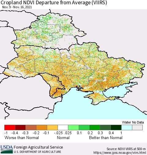 Ukraine, Moldova and Belarus Cropland NDVI Departure from Average (VIIRS) Thematic Map For 11/11/2021 - 11/20/2021