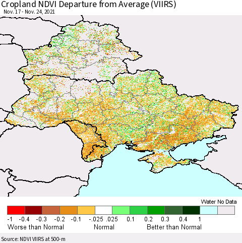 Ukraine, Moldova and Belarus Cropland NDVI Departure from Average (VIIRS) Thematic Map For 11/17/2021 - 11/24/2021