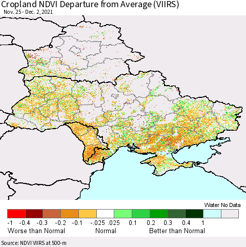Ukraine, Moldova and Belarus Cropland NDVI Departure from Average (VIIRS) Thematic Map For 11/25/2021 - 12/2/2021