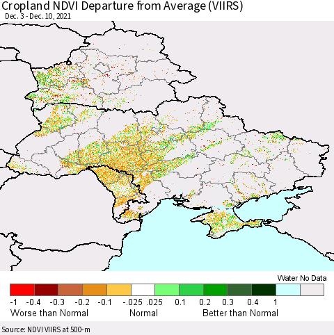 Ukraine, Moldova and Belarus Cropland NDVI Departure from Average (VIIRS) Thematic Map For 12/1/2021 - 12/10/2021
