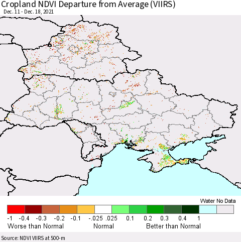 Ukraine, Moldova and Belarus Cropland NDVI Departure from Average (VIIRS) Thematic Map For 12/11/2021 - 12/18/2021