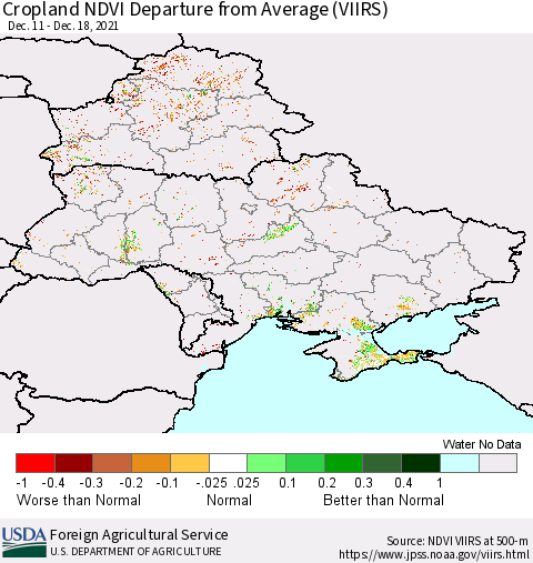 Ukraine, Moldova and Belarus Cropland NDVI Departure from Average (VIIRS) Thematic Map For 12/11/2021 - 12/20/2021