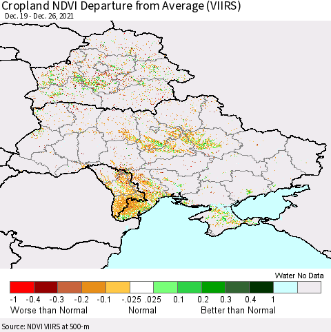 Ukraine, Moldova and Belarus Cropland NDVI Departure from Average (VIIRS) Thematic Map For 12/19/2021 - 12/26/2021