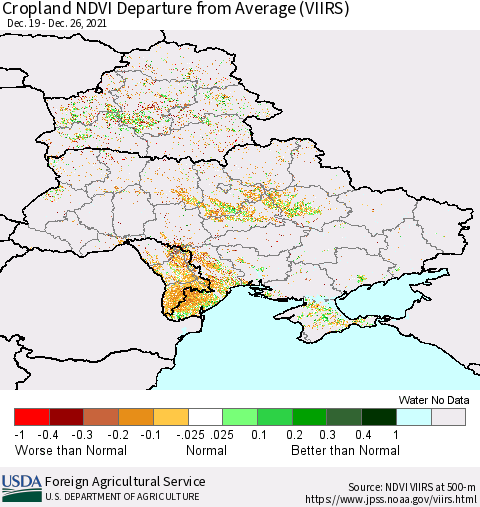 Ukraine, Moldova and Belarus Cropland NDVI Departure from Average (VIIRS) Thematic Map For 12/21/2021 - 12/31/2021