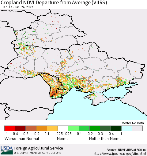 Ukraine, Moldova and Belarus Cropland NDVI Departure from Average (VIIRS) Thematic Map For 1/21/2022 - 1/31/2022