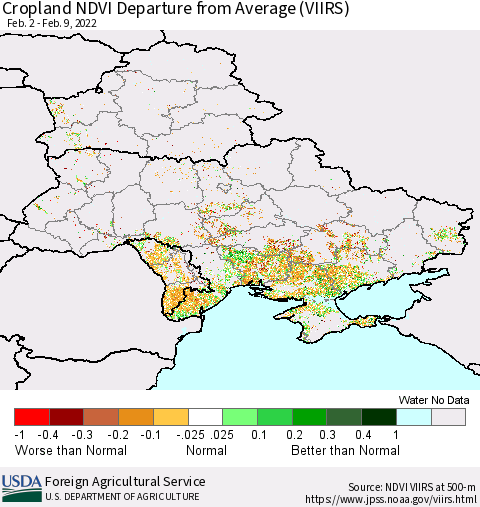 Ukraine, Moldova and Belarus Cropland NDVI Departure from Average (VIIRS) Thematic Map For 2/1/2022 - 2/10/2022