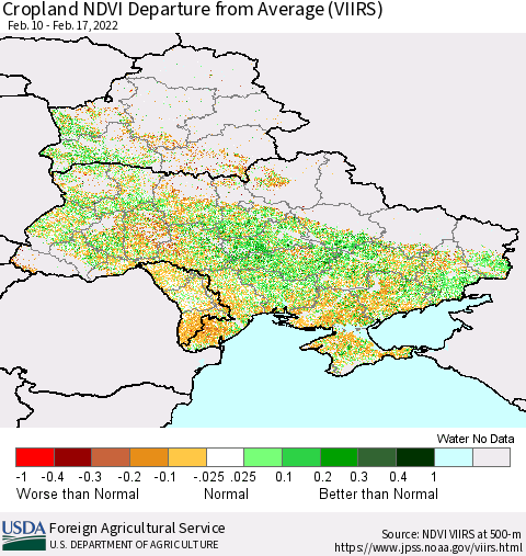 Ukraine, Moldova and Belarus Cropland NDVI Departure from Average (VIIRS) Thematic Map For 2/11/2022 - 2/20/2022