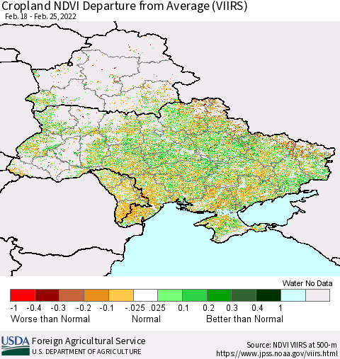 Ukraine, Moldova and Belarus Cropland NDVI Departure from Average (VIIRS) Thematic Map For 2/21/2022 - 2/28/2022