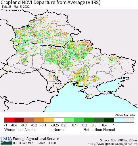 Ukraine, Moldova and Belarus Cropland NDVI Departure from Average (VIIRS) Thematic Map For 3/1/2022 - 3/10/2022