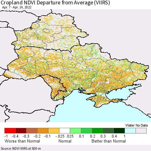 Ukraine, Moldova and Belarus Cropland NDVI Departure from Average (VIIRS) Thematic Map For 4/7/2022 - 4/14/2022