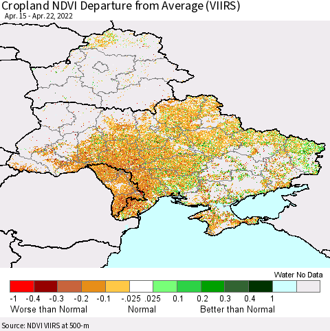 Ukraine, Moldova and Belarus Cropland NDVI Departure from Average (VIIRS) Thematic Map For 4/15/2022 - 4/22/2022