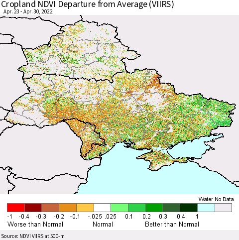 Ukraine, Moldova and Belarus Cropland NDVI Departure from Average (VIIRS) Thematic Map For 4/21/2022 - 4/30/2022