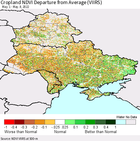 Ukraine, Moldova and Belarus Cropland NDVI Departure from Average (VIIRS) Thematic Map For 5/1/2022 - 5/8/2022