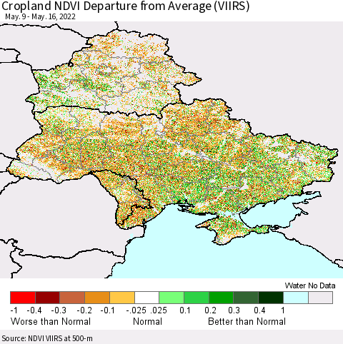 Ukraine, Moldova and Belarus Cropland NDVI Departure from Average (VIIRS) Thematic Map For 5/9/2022 - 5/16/2022