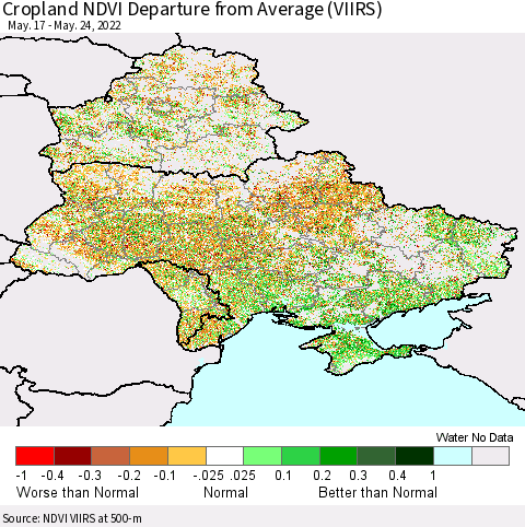 Ukraine, Moldova and Belarus Cropland NDVI Departure from Average (VIIRS) Thematic Map For 5/17/2022 - 5/24/2022