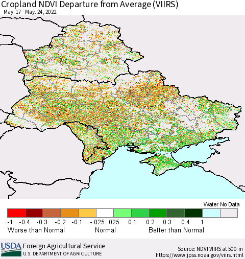 Ukraine, Moldova and Belarus Cropland NDVI Departure from Average (VIIRS) Thematic Map For 5/21/2022 - 5/31/2022