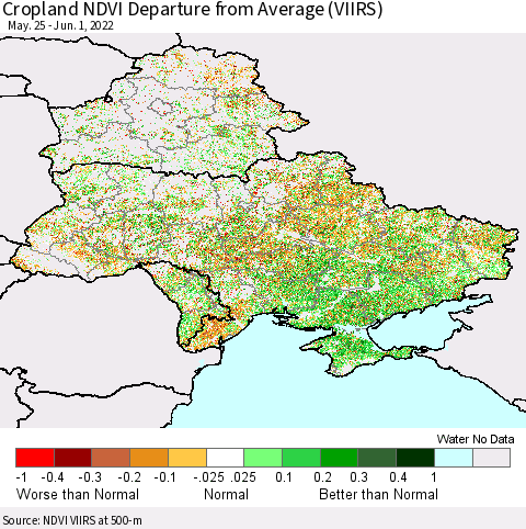 Ukraine, Moldova and Belarus Cropland NDVI Departure from Average (VIIRS) Thematic Map For 5/25/2022 - 6/1/2022