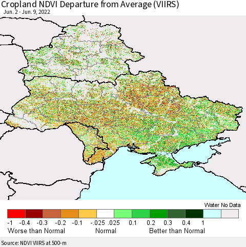 Ukraine, Moldova and Belarus Cropland NDVI Departure from Average (VIIRS) Thematic Map For 6/2/2022 - 6/9/2022