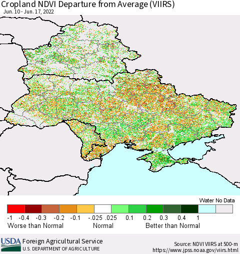 Ukraine, Moldova and Belarus Cropland NDVI Departure from Average (VIIRS) Thematic Map For 6/11/2022 - 6/20/2022