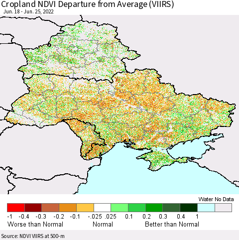 Ukraine, Moldova and Belarus Cropland NDVI Departure from Average (VIIRS) Thematic Map For 6/18/2022 - 6/25/2022