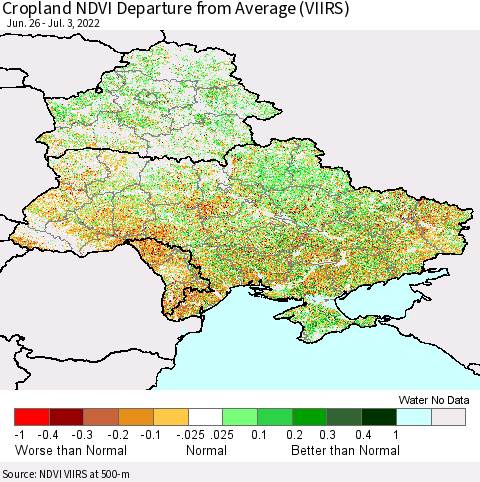 Ukraine, Moldova and Belarus Cropland NDVI Departure from Average (VIIRS) Thematic Map For 6/26/2022 - 7/3/2022