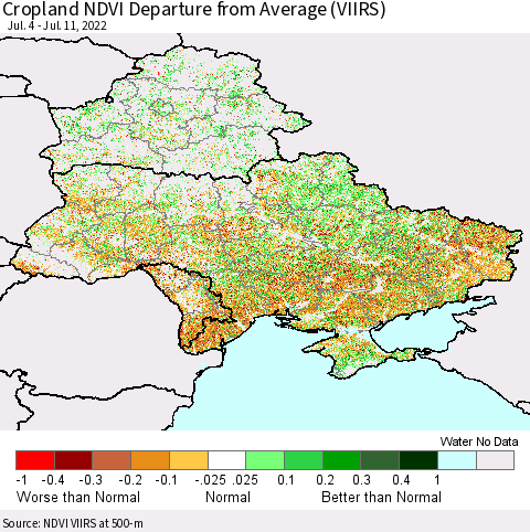 Ukraine, Moldova and Belarus Cropland NDVI Departure from Average (VIIRS) Thematic Map For 7/4/2022 - 7/11/2022
