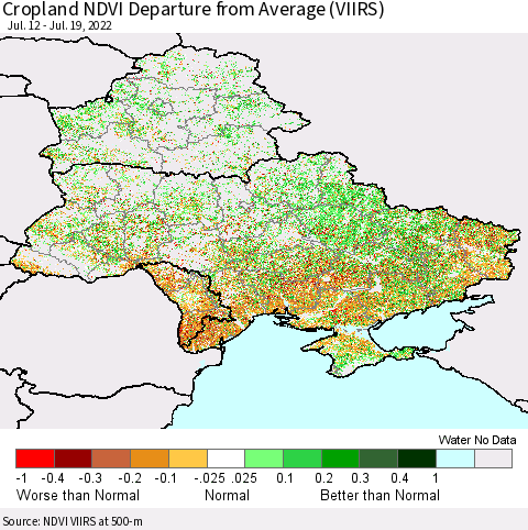 Ukraine, Moldova and Belarus Cropland NDVI Departure from Average (VIIRS) Thematic Map For 7/12/2022 - 7/19/2022